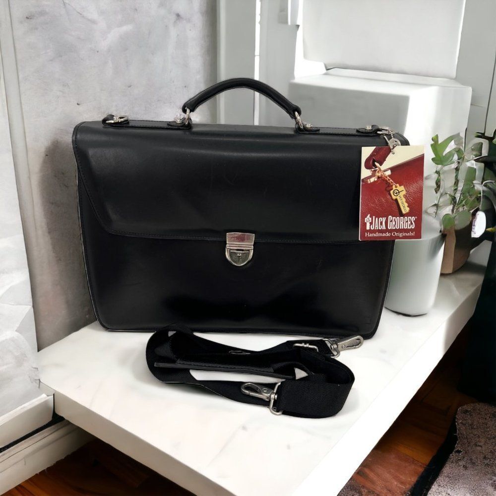 Jack Georges Elements Black Leather Executive Briefcase Key Strap & Tag 4402